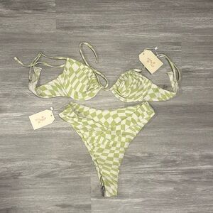 NWT Aurelle Green Checkered Bikini Top S Bottom M
